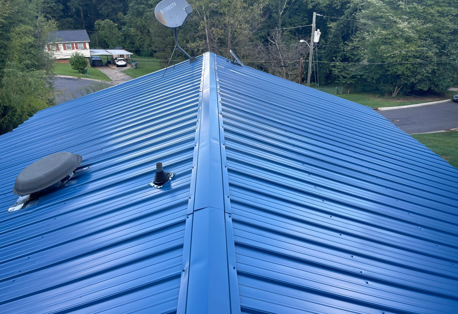 A bright blue metal roof in NC